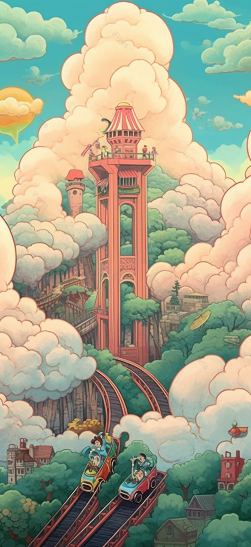 六一儿童节过山车游乐园城堡天空云朵梦幻奇幻建筑插画,插画/手绘图,插画/手绘图库,插画/手绘图下载,插画/手绘